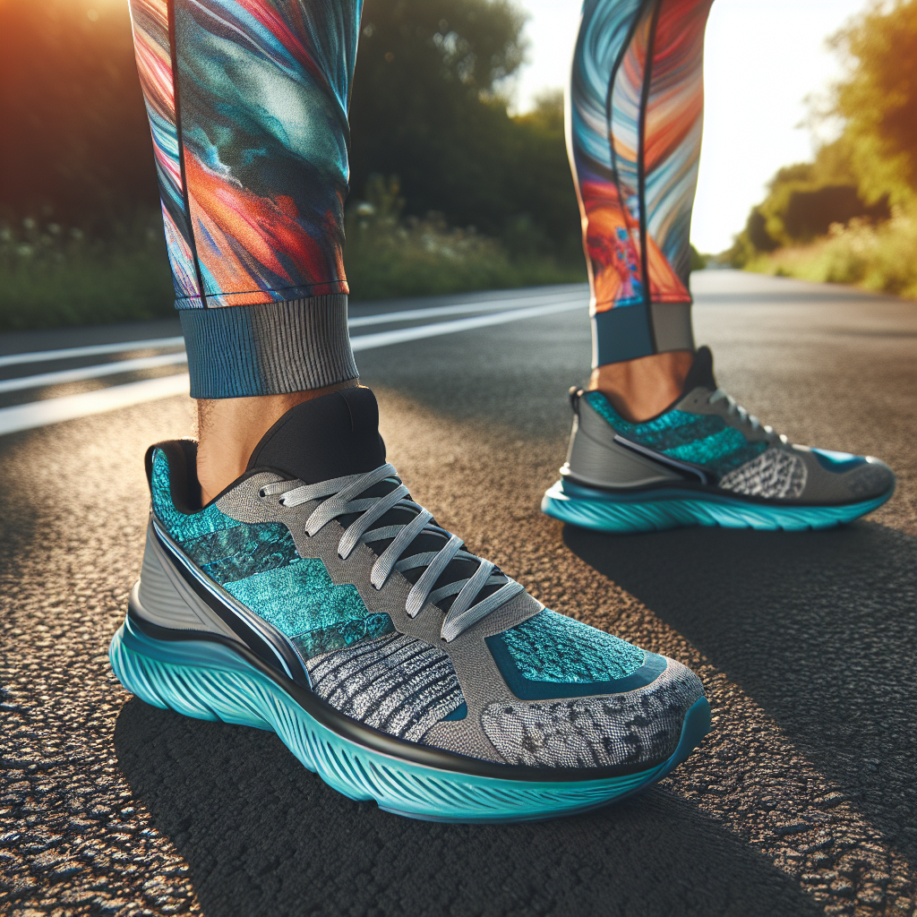 Nærbilde av et par moderne løpesko ved siden av en fargerik joggedress på asfaltert joggeløype, naturlig lys, fokus på tekstur og demping