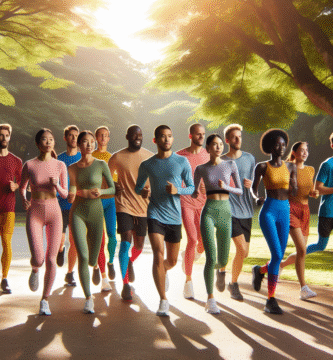 En mangfoldig gruppe løpere i fargerike joggedresser som løper sammen i en grønn bypark, tidlig morgen, leken og inkluderende stemning, naturlig lys