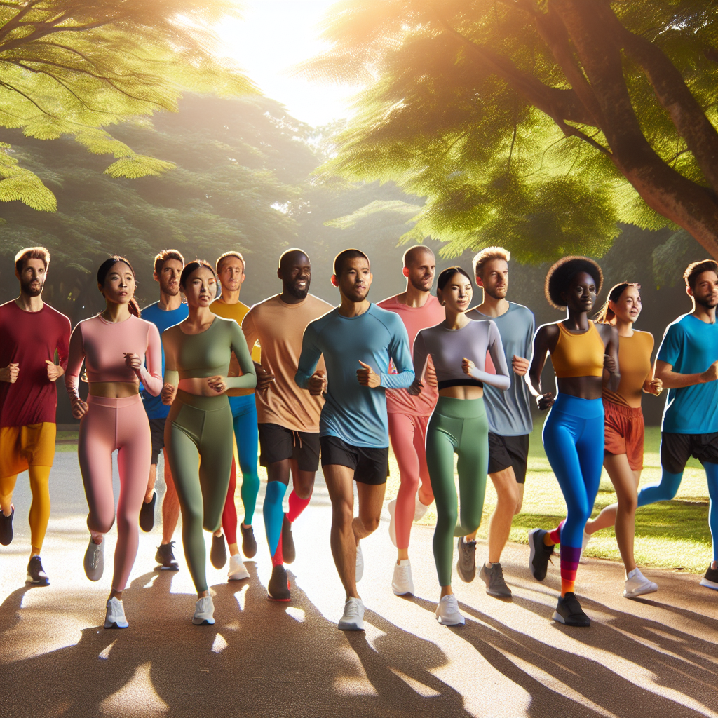 En mangfoldig gruppe løpere i fargerike joggedresser som løper sammen i en grønn bypark, tidlig morgen, leken og inkluderende stemning, naturlig lys
