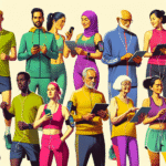 En varm, inkluderende scene: en gruppe joggere i forskjellige joggedresser som deltar i en digital klubb via bærbare enheter, moderne og vennlig stil, fokus på fellesskap