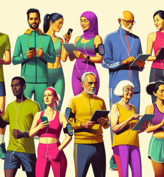 En varm, inkluderende scene: en gruppe joggere i forskjellige joggedresser som deltar i en digital klubb via bærbare enheter, moderne og vennlig stil, fokus på fellesskap