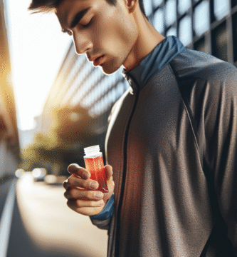 Nærbilde av en energigel i hånden til en løper som har på seg en komfortabel joggedress, sollys, urban løpermiljø, frisk og aktiv stemning