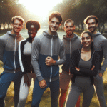En gruppe mennesker i matchende joggedresser som smiler etter en utendørs treningsøkt i parken, tidlig morgenlys, inkluderende og energisk stemning