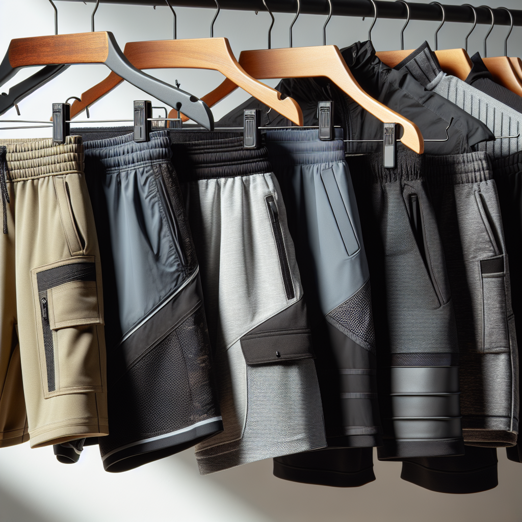 Nærbilde av ulike treningsshorts hengende på en moderne kleshenger: tekniske materialer, reflekser, lommer og ulike lengder, naturlig lys
